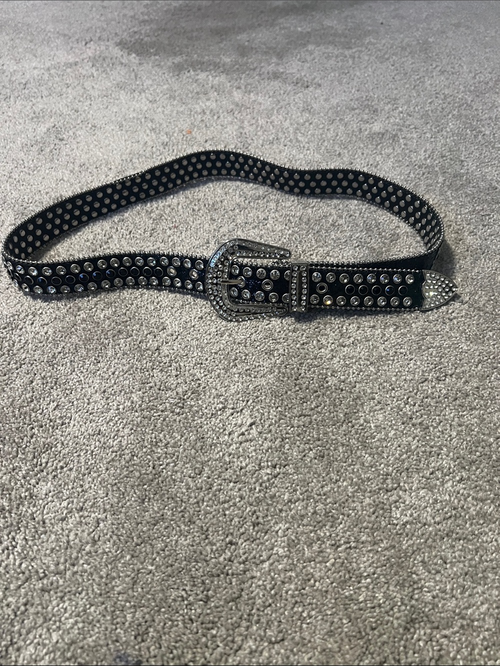 Unisex Black Rhinestone Studded Western Belt 45” Silver Y2K Cowboy Cowgirl